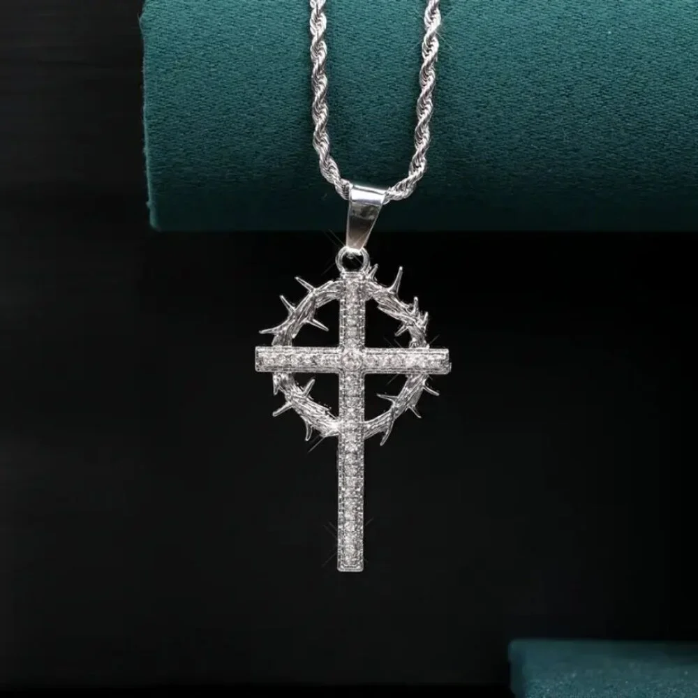 24" Mens Solid Sterling Silver 2ct Diamond Rope Chain Cross Necklace Jewelry